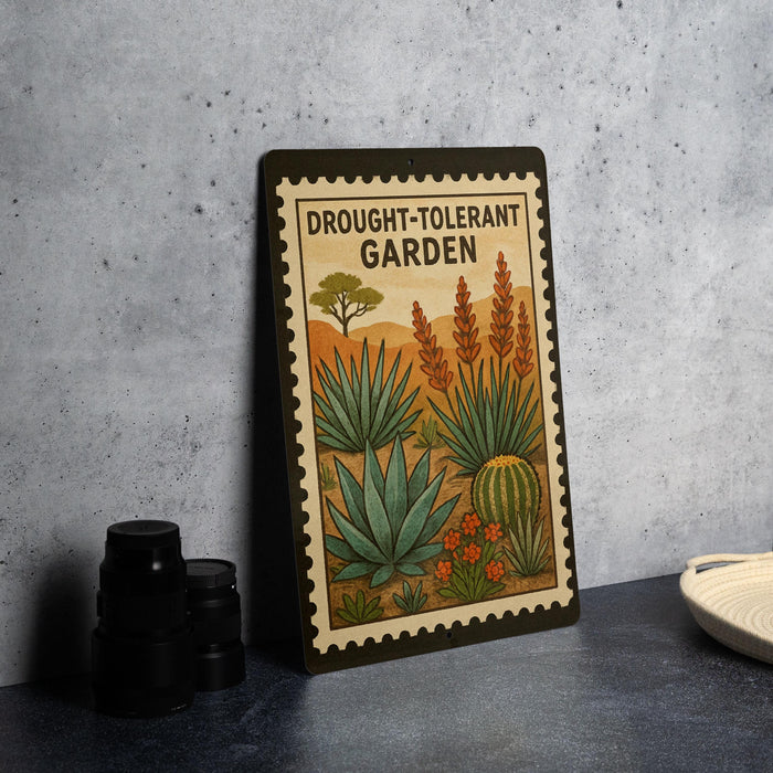 a metal sign with a desert garden theme, placed on a table next to some black camera lenses.