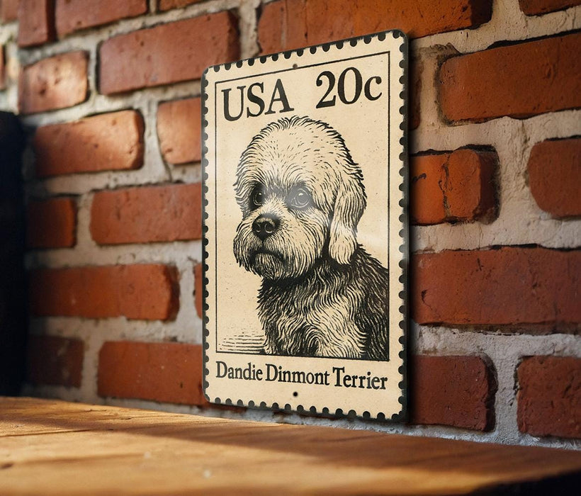 A metal sign featuring a Dandie Dinmont Terrier dog on a brick wall.