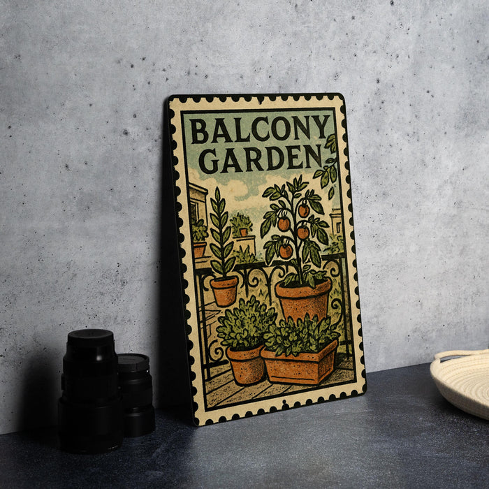 A metal sign with a vintage-style illustration of a balcony garden, featuring potted plants and a balcony railing.