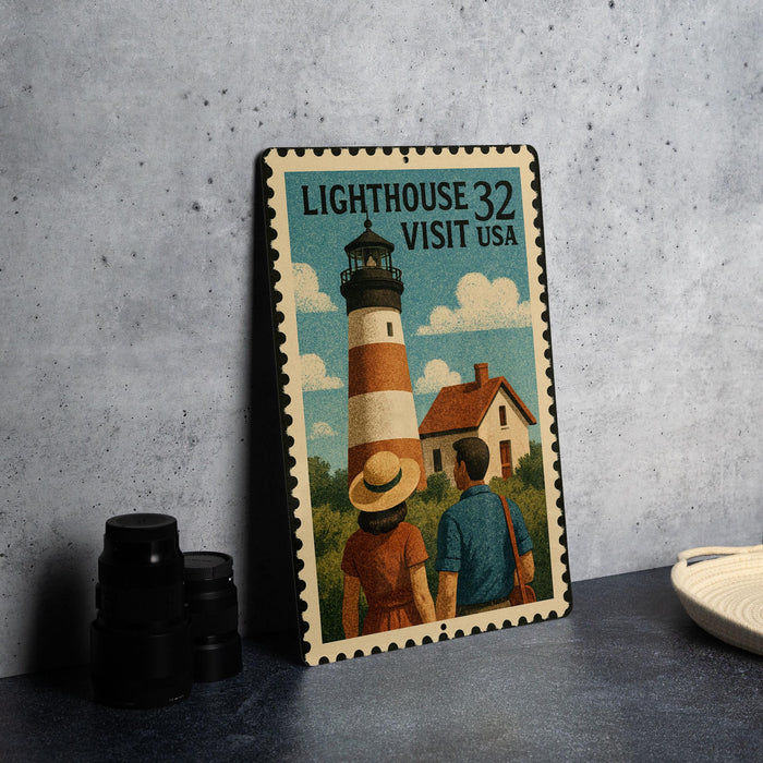 A vintage-style metal stamp depicting a lighthouse and a couple standing in front of it, with the text "Lighthouse 32 VISIT USA" printed on it.