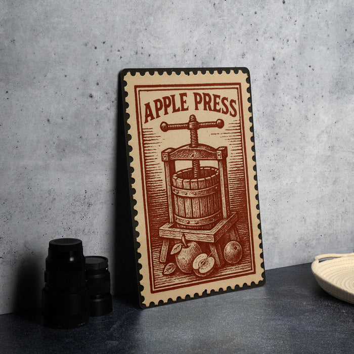 a vintage-style stamp or sign with the text "APPLE PRESS" and an illustration of a wooden press or juicer.