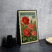 A vintage rose garden postage stamp with the number 50, featuring a vibrant illustration of red roses against a lush green background.