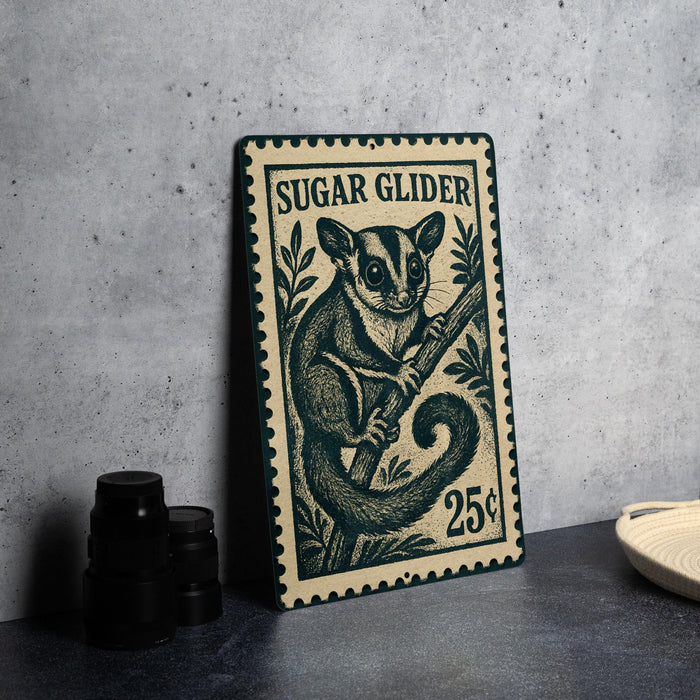 A metal sign featuring a sugar glider illustration, with a price of 25 cents, is displayed on a table next to some black camera lenses.