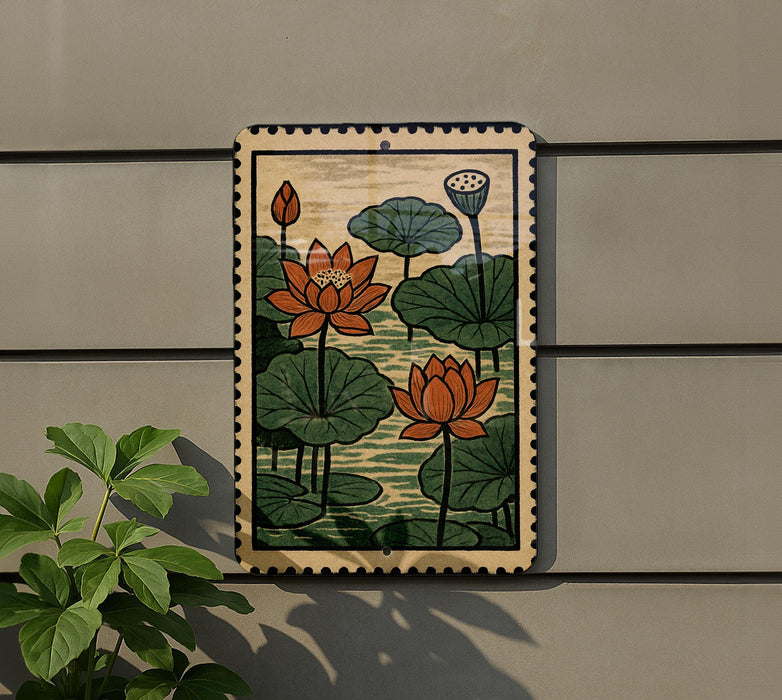 A framed painting of lotus flowers is displayed on a wall, with a plant visible to the left.