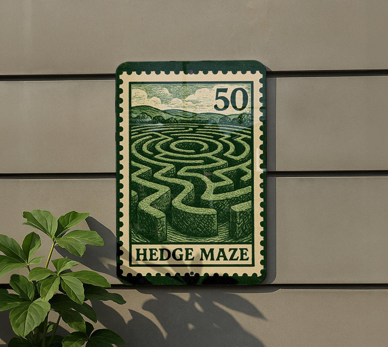A green and white sign with a maze design, mounted on a wall, depicting a hedge maze.