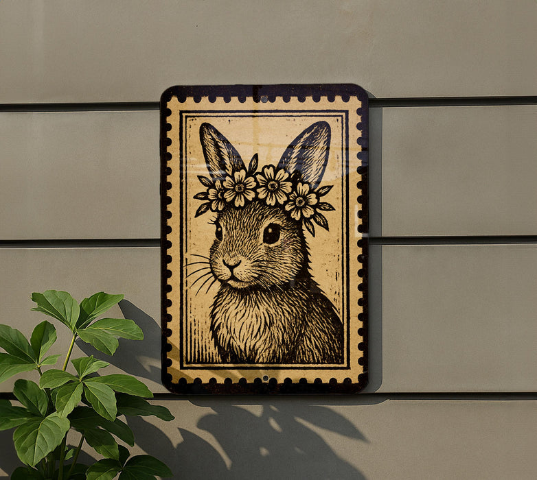 A decorative sign featuring a rabbit wearing a flower crown, mounted on a wall next to a plant.