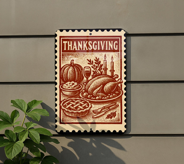 A Thanksgiving-themed metal sign is mounted on a wall, featuring illustrations of a turkey, pumpkin, pie, and candles.
