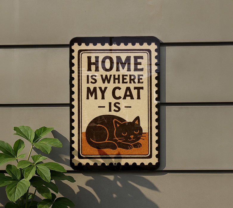 a sign with the text "HOME IS WHERE MY CAT IS" and an illustration of a cat.