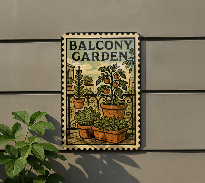 a balcony garden sign with a potted plant and a plant in a pot, mounted on a wall.