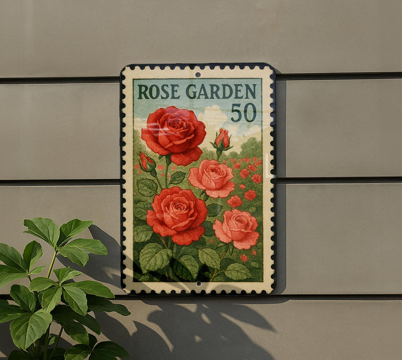 A vintage rose garden postage stamp is displayed on a wall, featuring a vibrant image of red roses and green leaves.