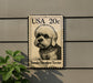 A postage stamp featuring a Dandie Dimmont Terrier dog, with the text "USA 20c" printed on it.