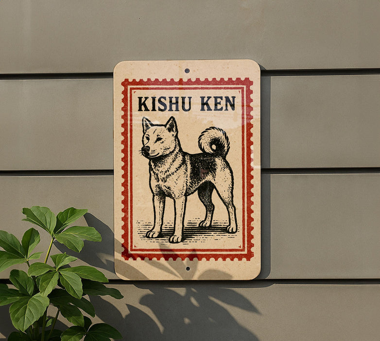 A sign with a picture of a Shiba Inu dog, which is a breed of dog, mounted on a wall.