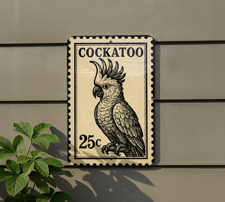 A postage stamp featuring a cockatoo, with the text "COCKATOO" and the value "25c" printed on it.