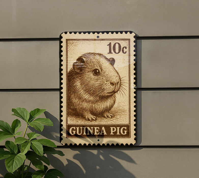 A 10c postage stamp featuring a guinea pig illustration is displayed on a wall.
