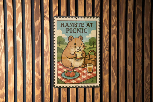 A metal sign with a cartoon hamster sitting on a picnic blanket, holding a sandwich and a drink, with the text "HAMSTE AT PICNIC" displayed on it.
