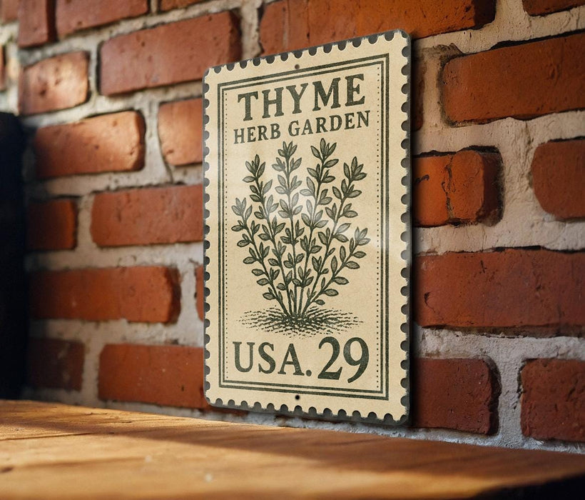 A wooden table with a decorative sign on it, mounted on a brick wall.