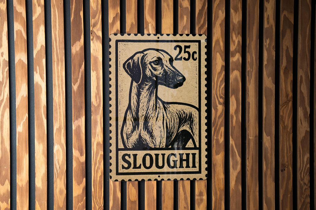 A 25c postage stamp featuring a dog's head is affixed to a wooden wall.