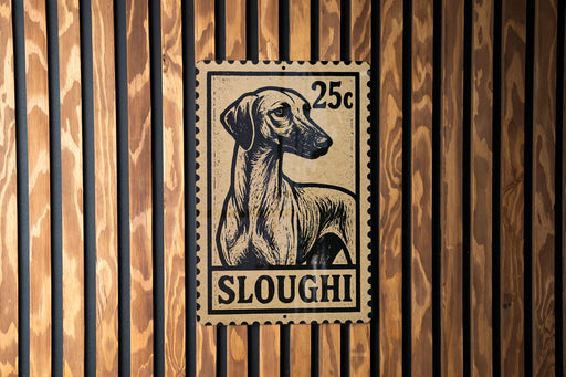 A 25c postage stamp featuring a dog's head is affixed to a wooden wall.