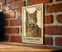 A wooden surface with a framed image of a European lynx, a type of wild cat, on a brick wall.