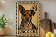A wooden shelf displaying a framed image of a dog, a wooden cutting board, and some lemons.