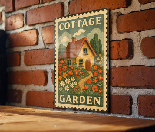 A vintage-style metal sign with a cottage garden illustration is mounted on a brick wall.