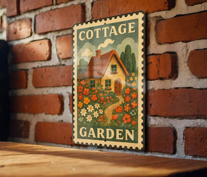 A vintage-style metal sign with a cottage garden illustration is mounted on a brick wall.