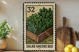 A framed illustration of a garden bed with a variety of green plants, including lettuce and spinach, is displayed on a shelf next to a wooden cutting board and a potted plant.