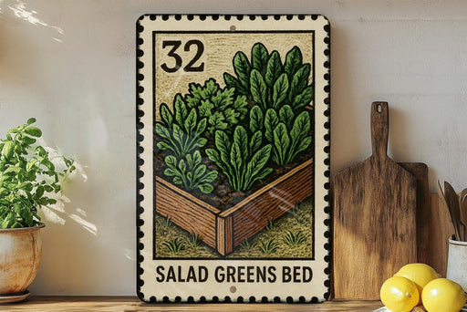 A framed illustration of a garden bed with a variety of green plants, including lettuce and spinach, is displayed on a shelf next to a wooden cutting board and a potted plant.