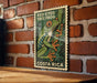 A framed image of a red-eyed tree frog is displayed on a brick wall, with the text "RED-EYED TREE FROG" and "COSTA RICA" printed on it.