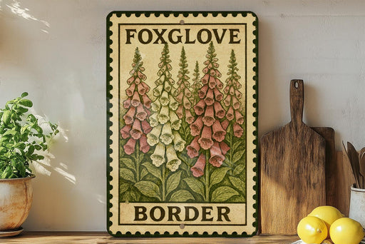 a vintage-style metal sign with a floral illustration, placed on a wooden surface next to a wooden cutting board and some potted plants.