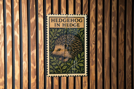 A wooden wall with a framed image of a hedgehog, which appears to be a decorative piece or a sign.