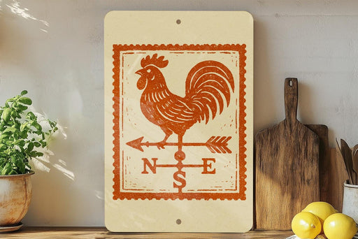 a wooden board with a rooster and a compass rose design, placed on a shelf next to a wooden cutting board and some lemons.