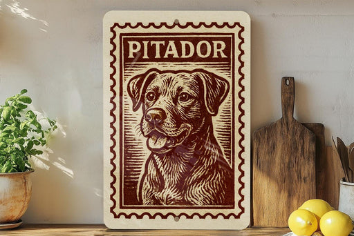 a wooden sign with a dog illustration, placed on a wooden surface next to a potted plant and a wooden cutting board.