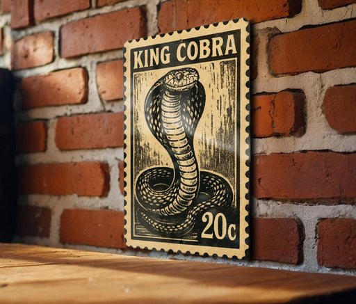A black and white illustration of a cobra on a 20 cent stamp is displayed on a brick wall.
