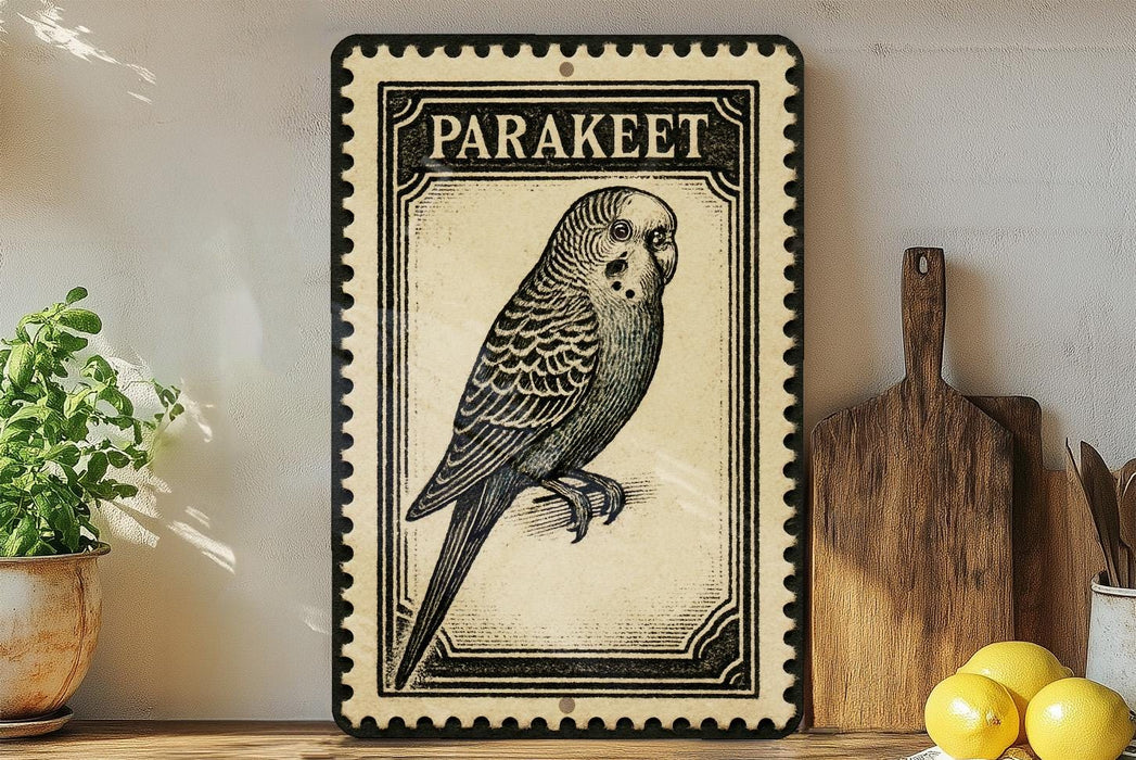 a vintage-style metal sign with a parakeet illustration, placed on a wooden surface next to a wooden cutting board and a potted plant.