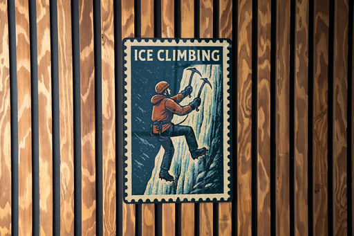 A vintage-style metal sign with the text "ICE CLIMBING" and an illustration of a person climbing a snowy mountain.