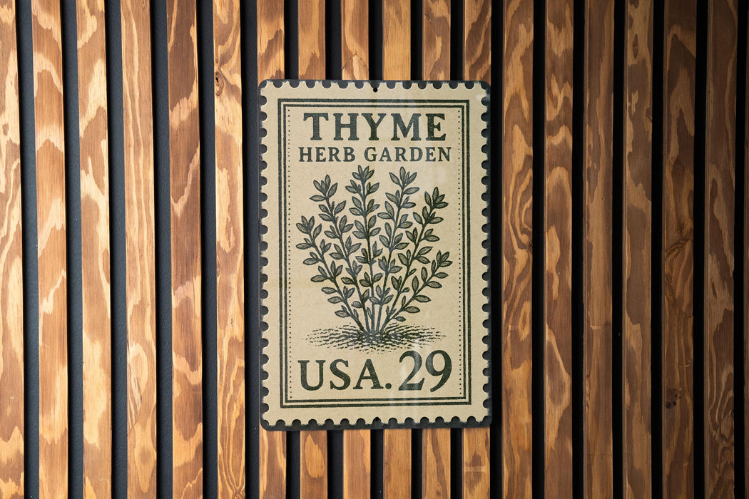A vintage-style postage stamp with the text "THYME HERB GARDEN USA.29" is displayed on a wooden wall.