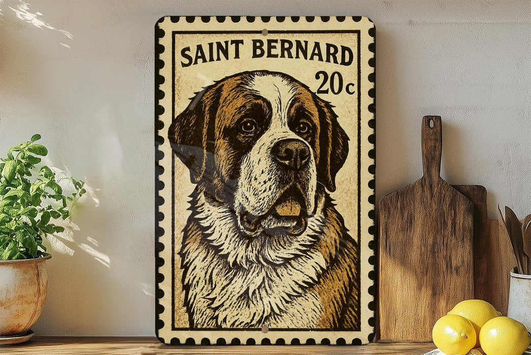 A framed illustration of a Saint Bernard dog, with the text "SAINT BERNARD 20¢" printed on it. The dog is depicted in a vintage style, with a wooden frame surrounding the image. The background features a kitchen counter with various items, including a potted plant, a cutting board, and a bowl of fruit.