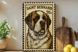 A framed illustration of a Saint Bernard dog, with the text "SAINT BERNARD 20¢" printed on it. The dog is depicted in a vintage style, with a wooden frame surrounding the image. The background features a kitchen counter with various items, including a potted plant, a cutting board, and a bowl of fruit.