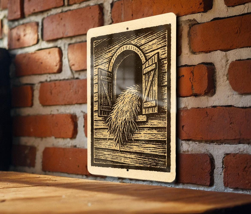 a wooden table with a framed illustration of a window with a pile of hay hanging from it, mounted on a brick wall.