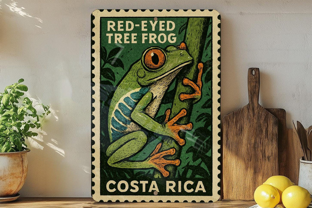A framed illustration of a red-eyed tree frog is displayed on a shelf, with a wooden cutting board and a potted plant nearby.