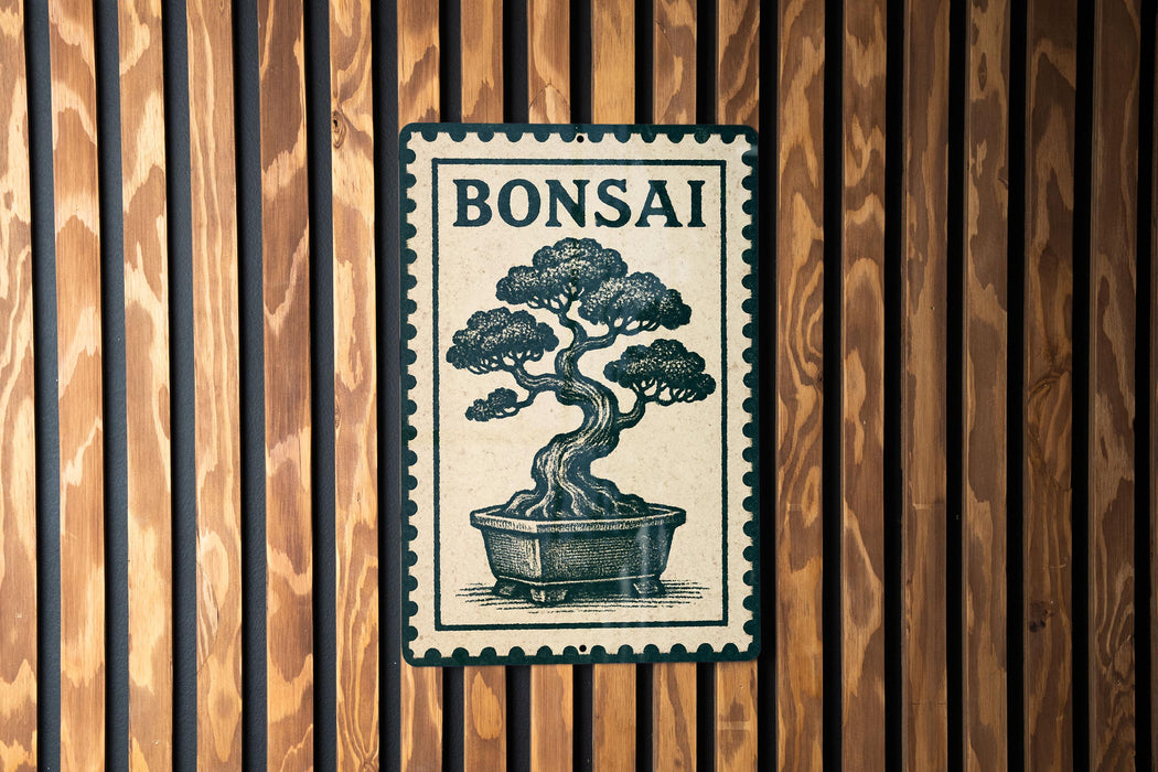 A metal sign with the word "BONSAI" and an illustration of a bonsai tree is mounted on a wooden wall.