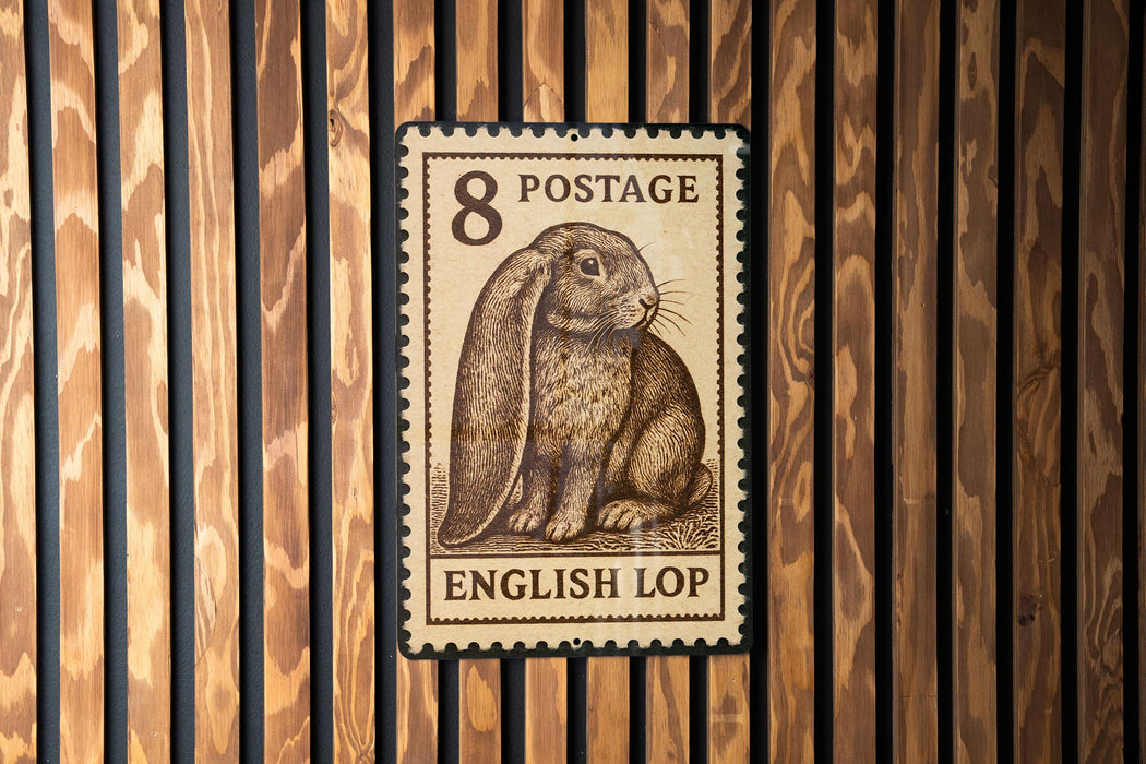 A brown rabbit on a brown postage stamp with the text "8 POSTAGE ENGLISH LOP" is displayed against a wooden background.