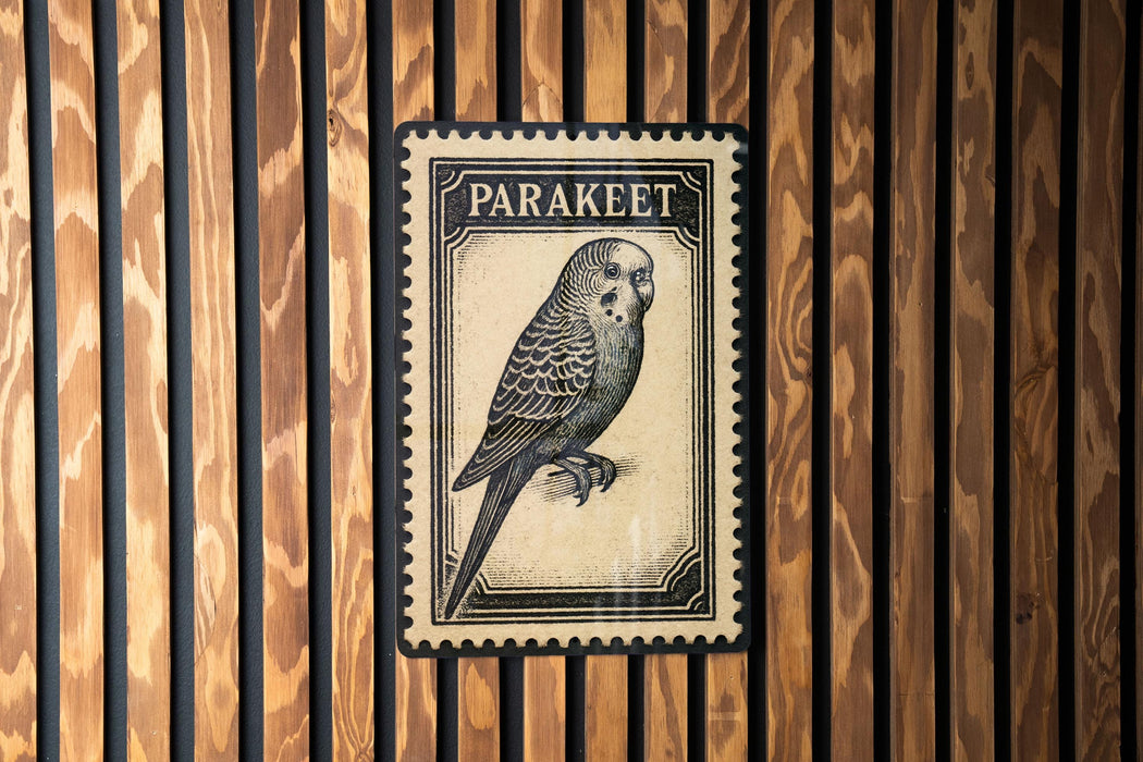 A vintage-style parakeet postage stamp is displayed on a wooden wall.