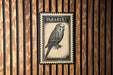 A vintage-style parakeet postage stamp is displayed on a wooden wall.