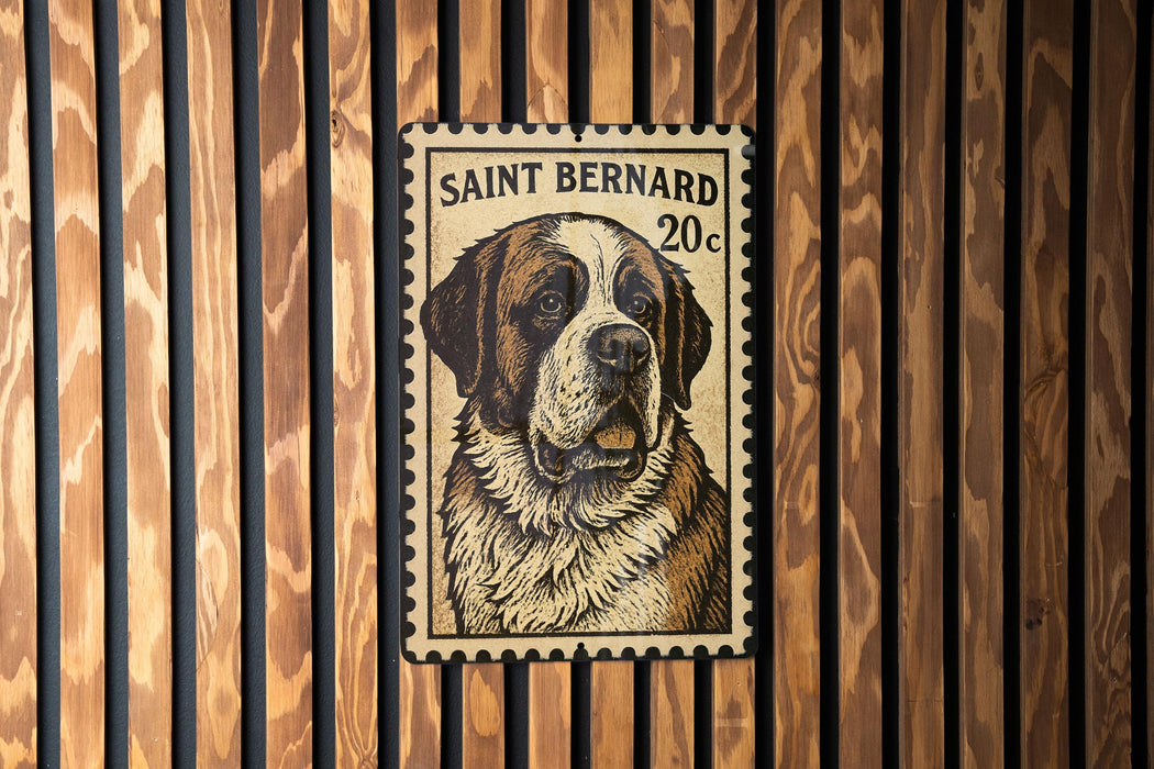 A postage stamp featuring a Saint Bernard dog, with the text "SAINT BERNARD 20c" printed on it.