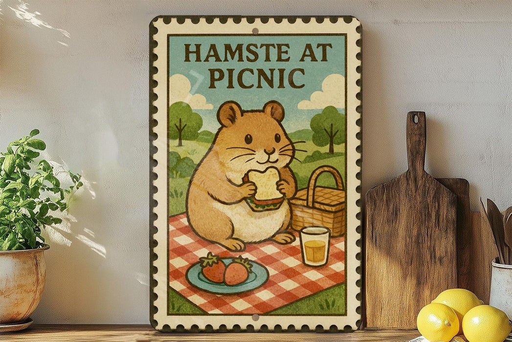 A metal sign with a cartoon hamster sitting on a picnic blanket, holding a sandwich and surrounded by fruits and a basket, with the text "HAMSTE AT PICNIC" displayed.