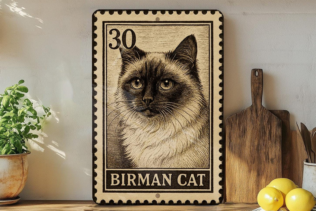 A framed image of a Siamese cat, with the text "BIRMAN CAT" printed on it, is displayed on a shelf next to a wooden cutting board and some kitchen utensils.