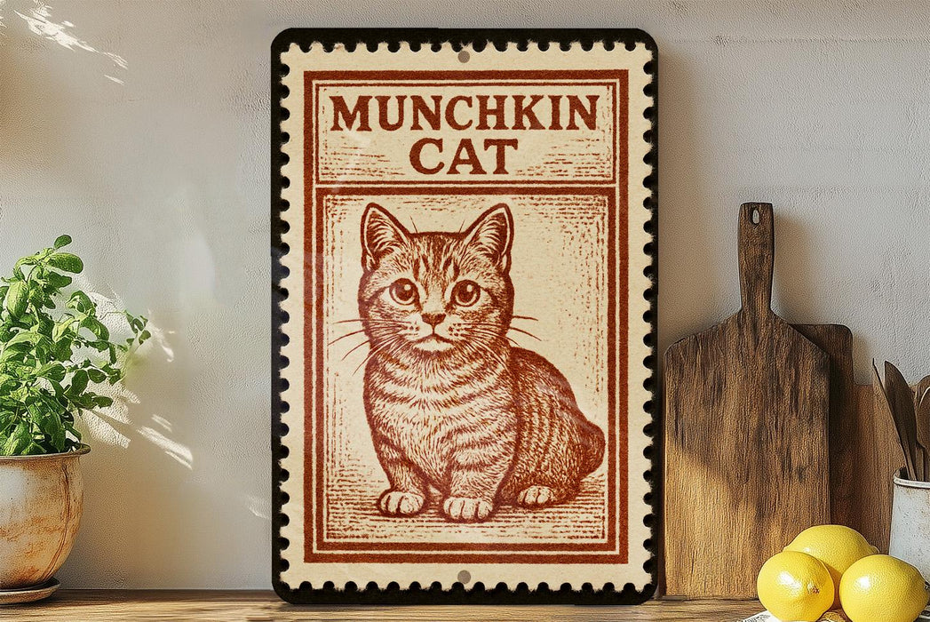 a framed illustration of a cat, with a wooden cutting board and a potted plant to the left.