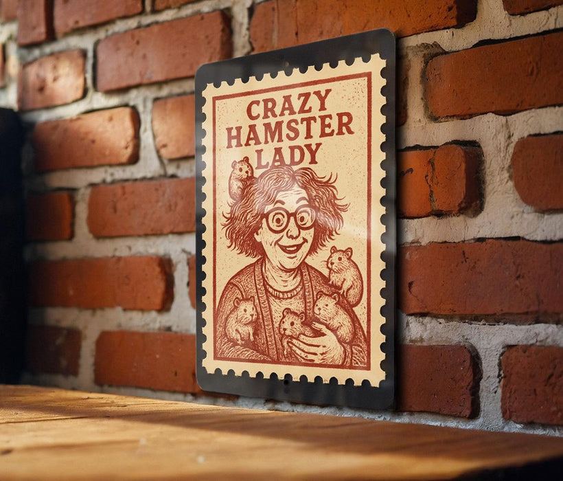 A metal sign with a cartoon illustration of a woman holding a hamster, mounted on a brick wall.